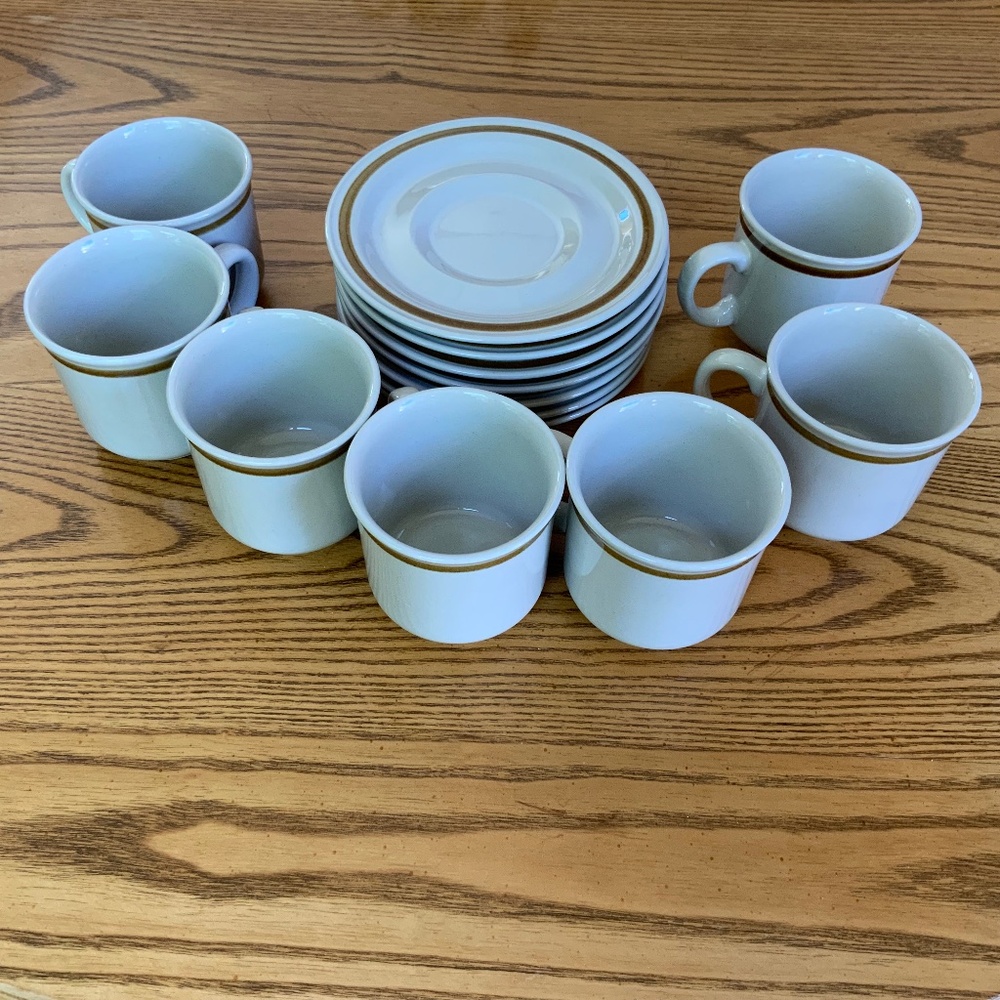 Vintage Set of 7 Stoneware Cups and Saucers Cream and Brown